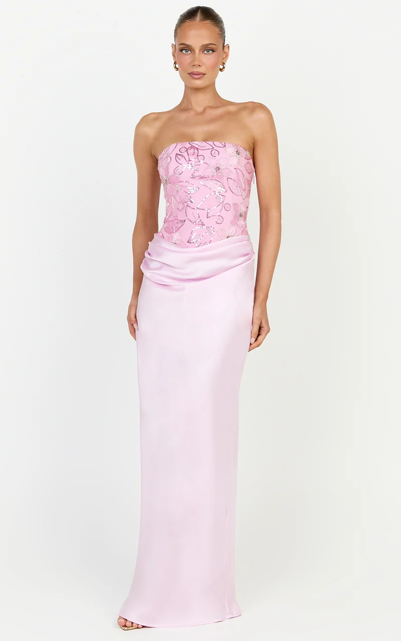 Amie Maxi Dress - Strapless Sequin Bodice Dress With Draped Satin Skirt in Pink