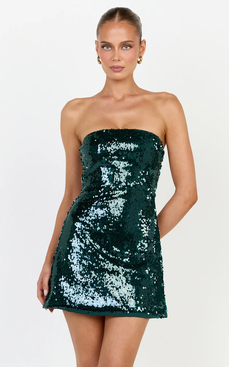 Zola Mini Dress - Strapless A Line Sequin Dress in Emerald