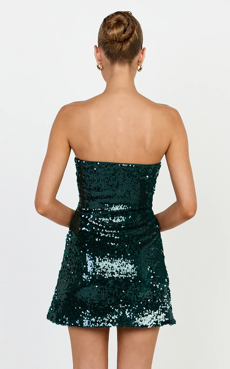 Zola Mini Dress - Strapless A Line Sequin Dress in Emerald