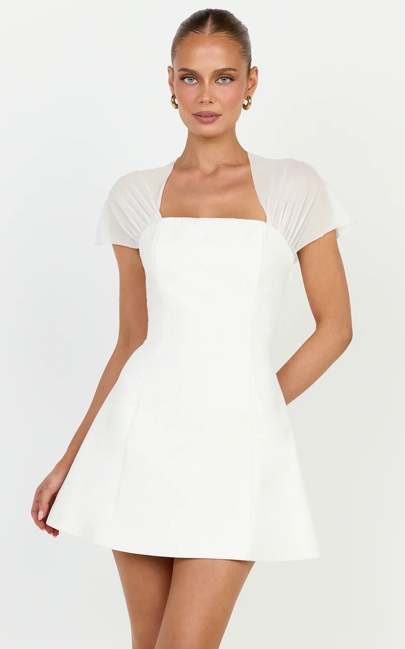 Neve Mini Dress - Sheer Short Sleeve Square Neck Tulip Skirt Dress in Off White