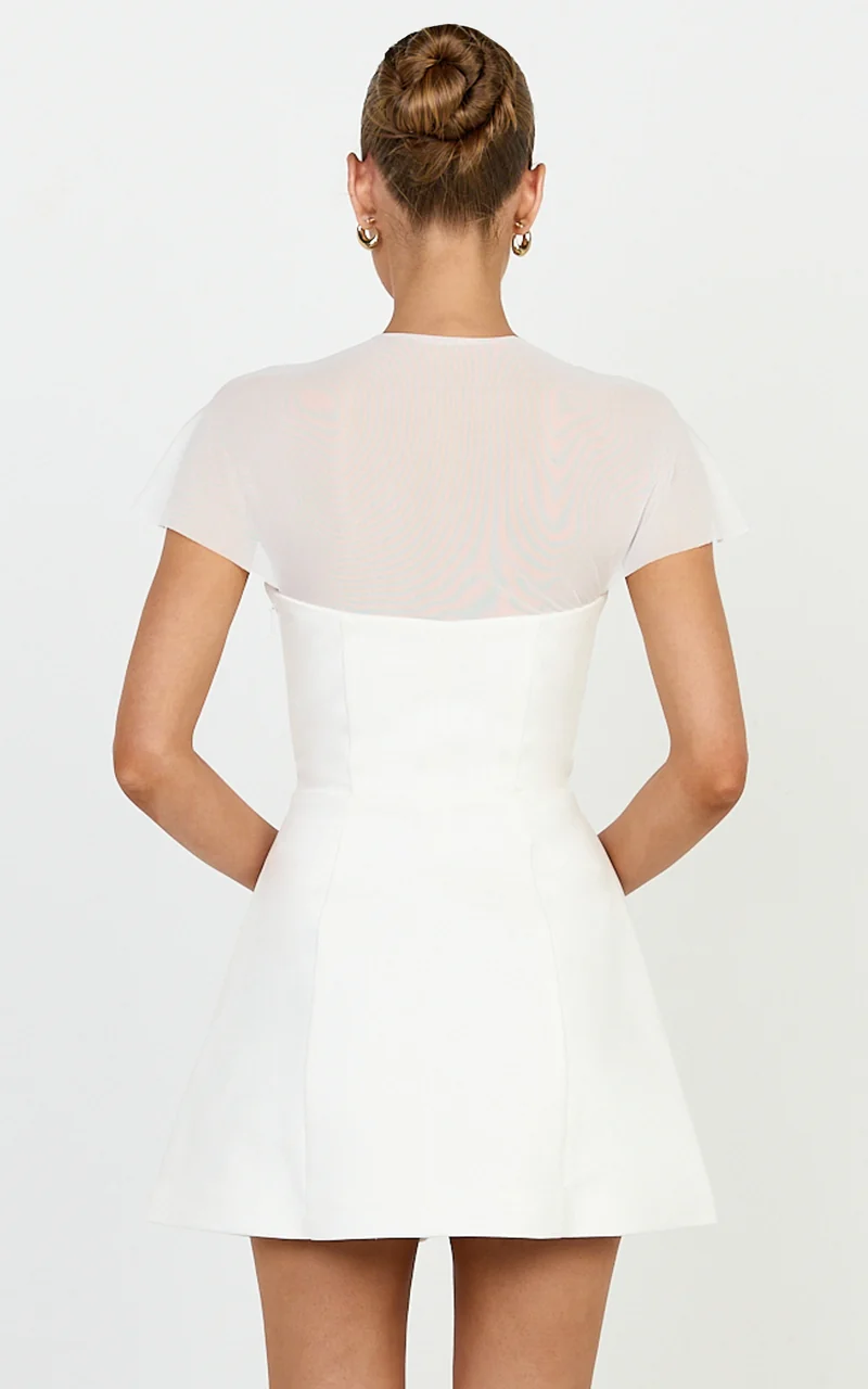 Neve Mini Dress - Sheer Short Sleeve Square Neck Tulip Skirt Dress in Off White