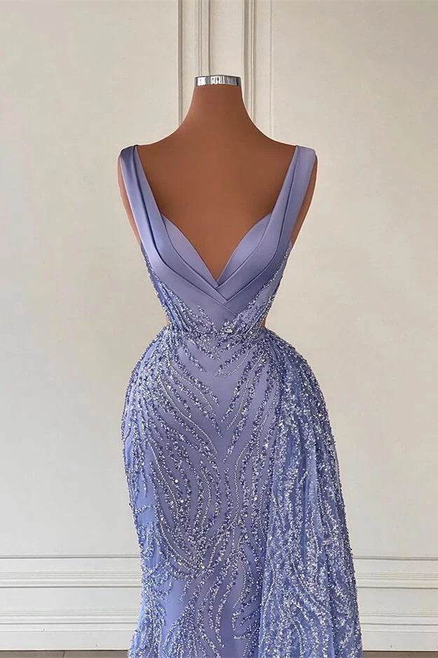 Superbe robe de bal sirène violette à col en V avec perles exquises et paillettes scintillantes