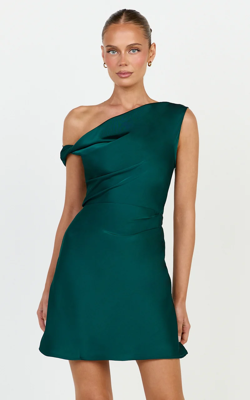Lira Mini Dress - One Shoulder Satin Dress in Emerald