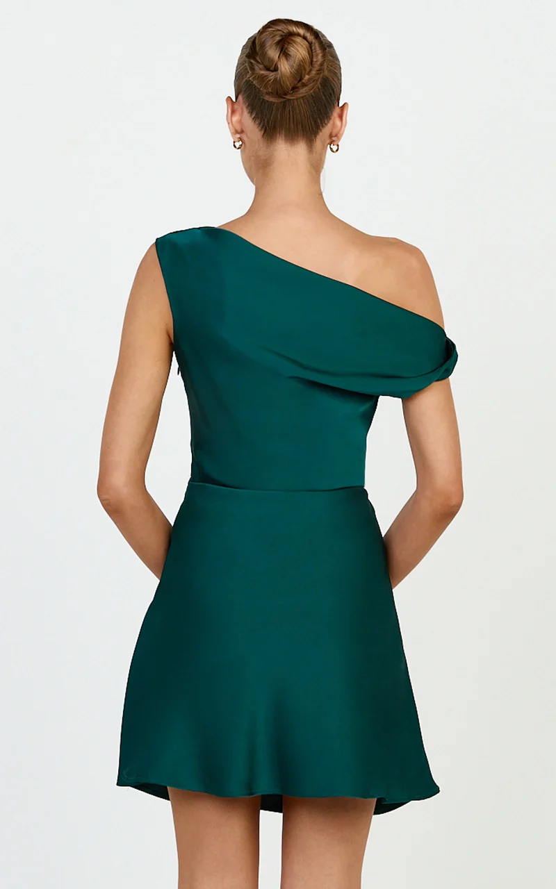 Lira Mini Dress - One Shoulder Satin Dress in Emerald