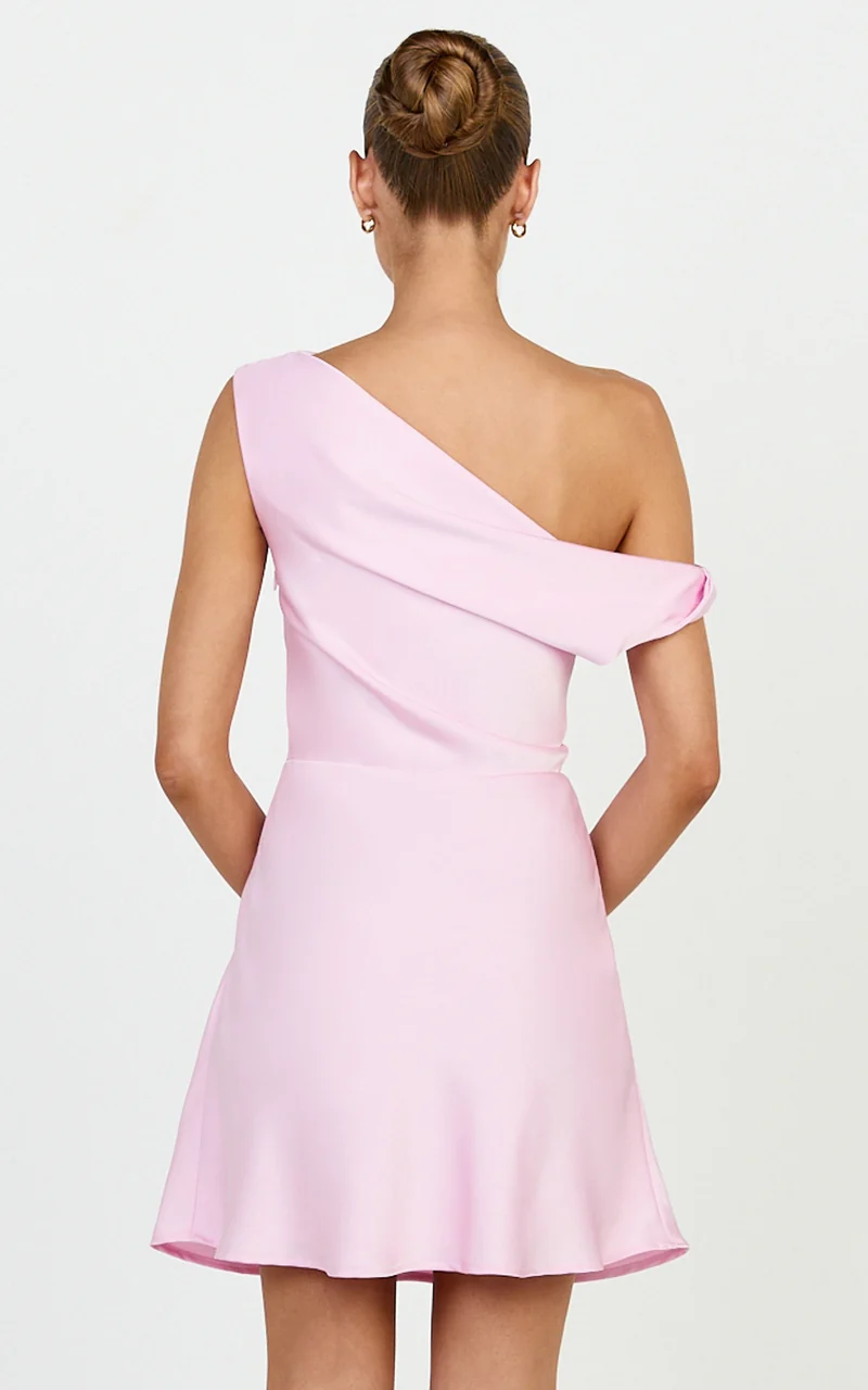 Lira Mini Dress - One Shoulder Satin Dress in Pink