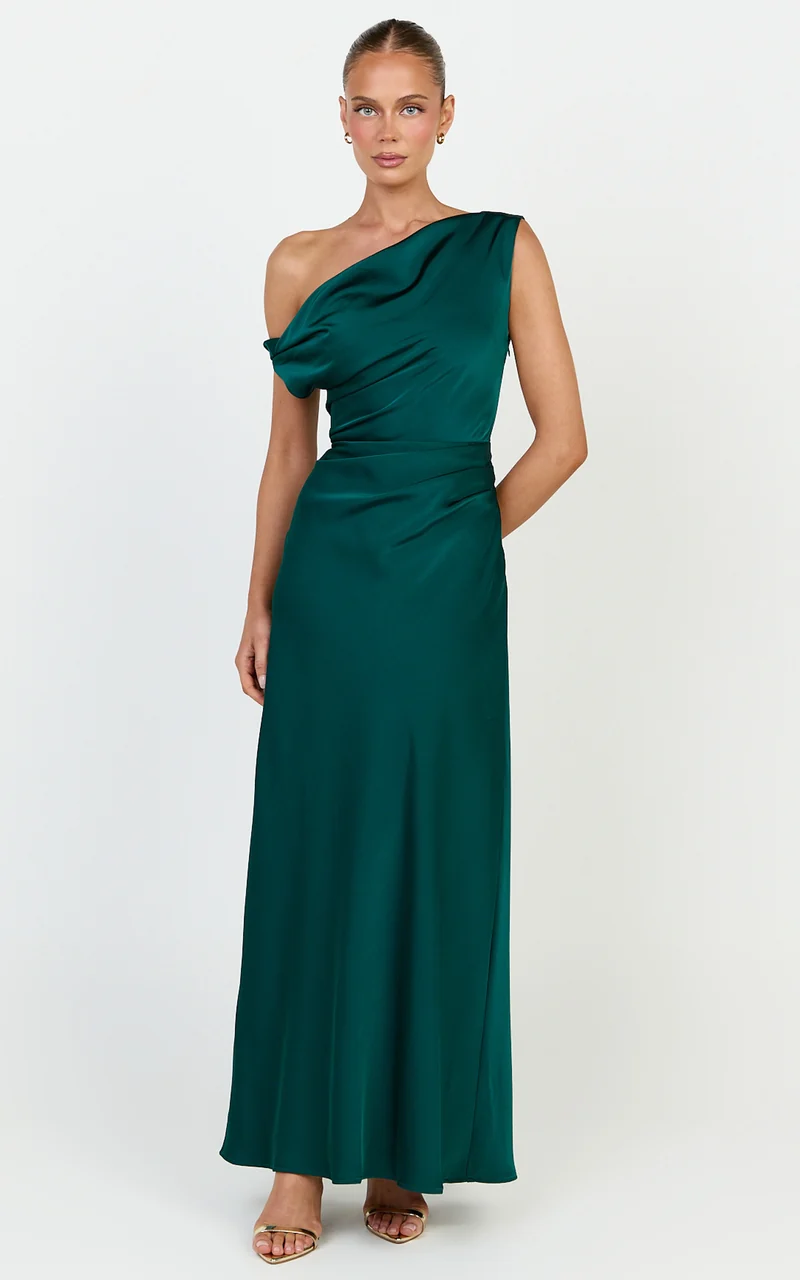 Lira Maxi Dress - One Shoulder Satin Dress in Emerald