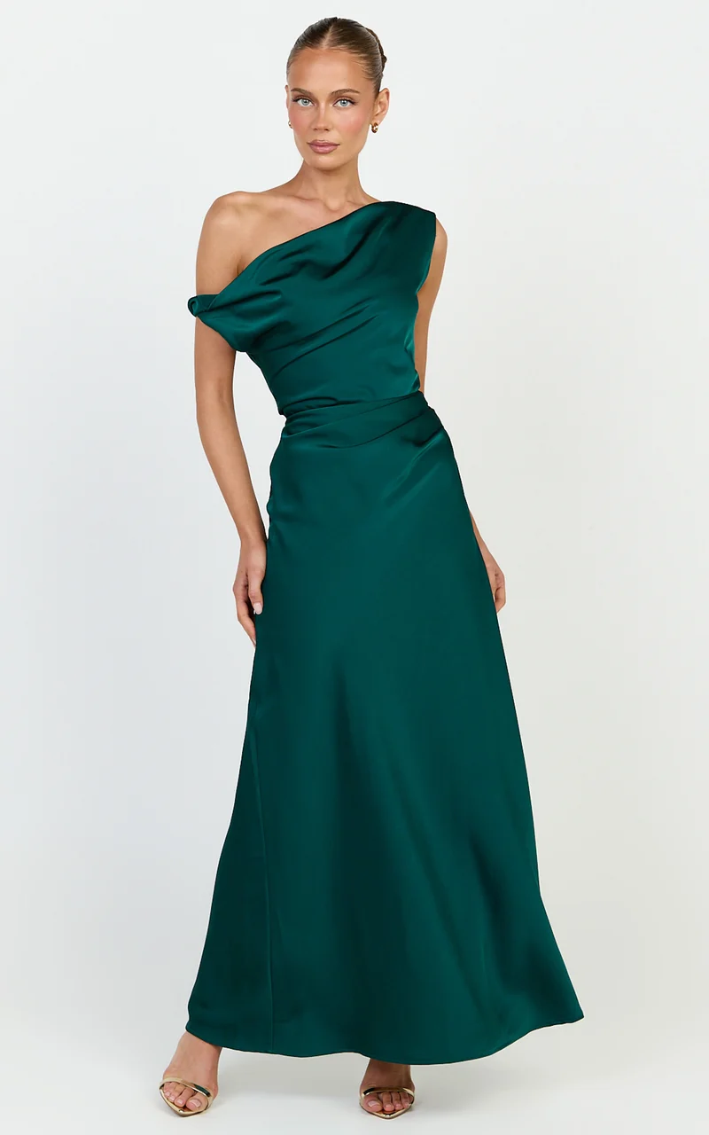 Lira Maxi Dress - One Shoulder Satin Dress in Emerald