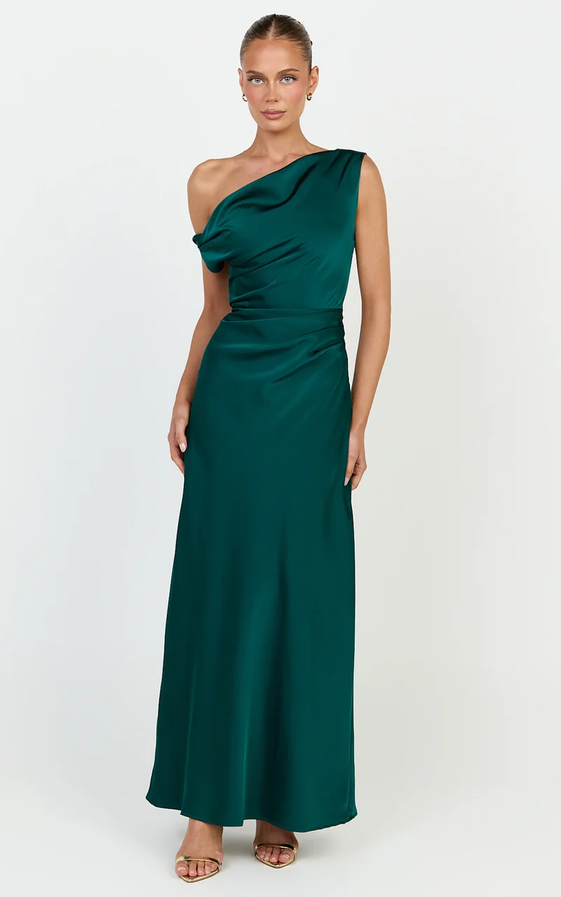 Lira Maxi Dress - One Shoulder Satin Dress in Emerald