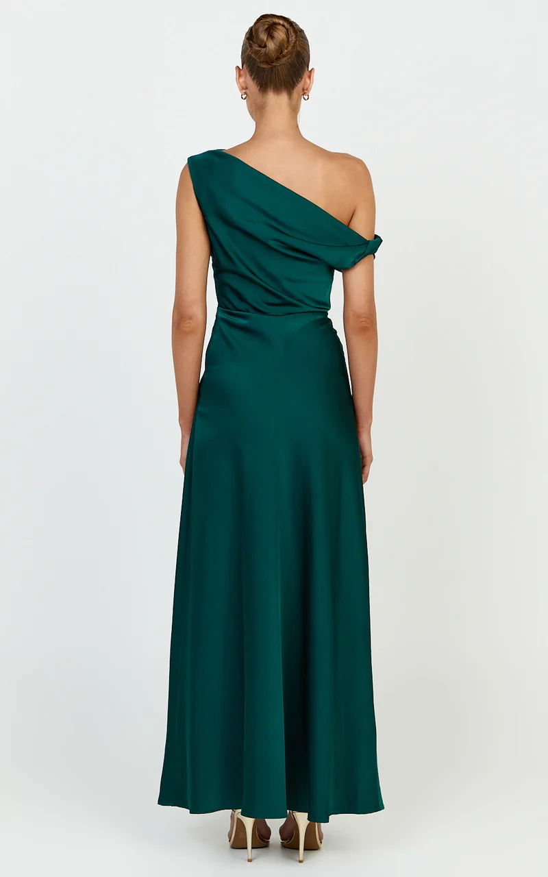 Lira Maxi Dress - One Shoulder Satin Dress in Emerald