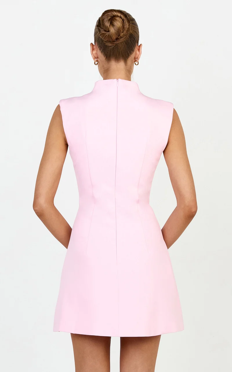 Jacinta Mini Dress - Sleeveless Button Front Tulip Dress in Baby Pink
