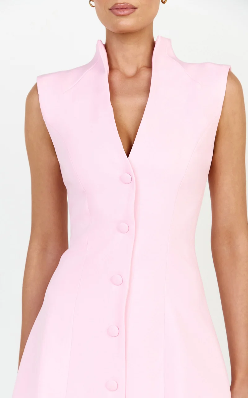 Jacinta Mini Dress - Sleeveless Button Front Tulip Dress in Baby Pink