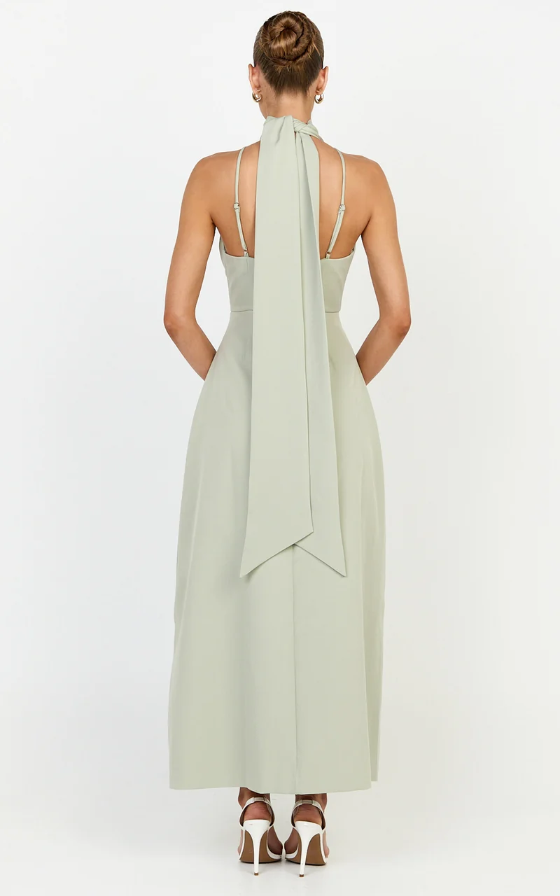 Renee Midi Dress - High Halter Sash Neck Tulip Skirt Dress in Sage