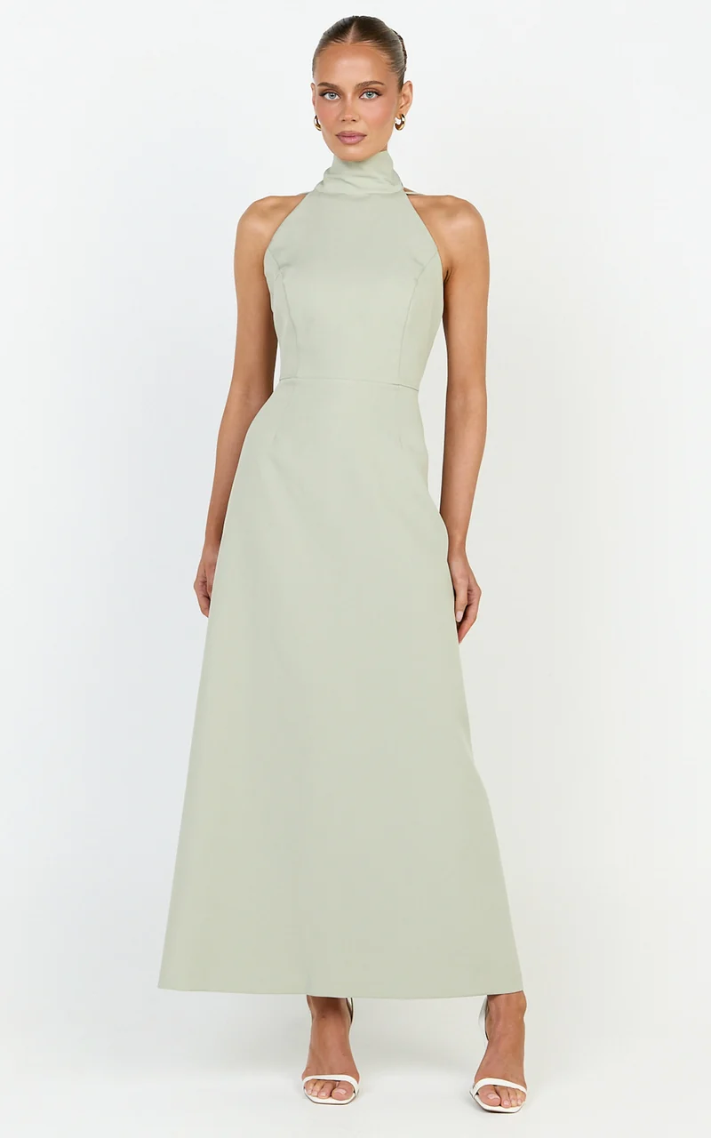 Renee Midi Dress - High Halter Sash Neck Tulip Skirt Dress in Sage