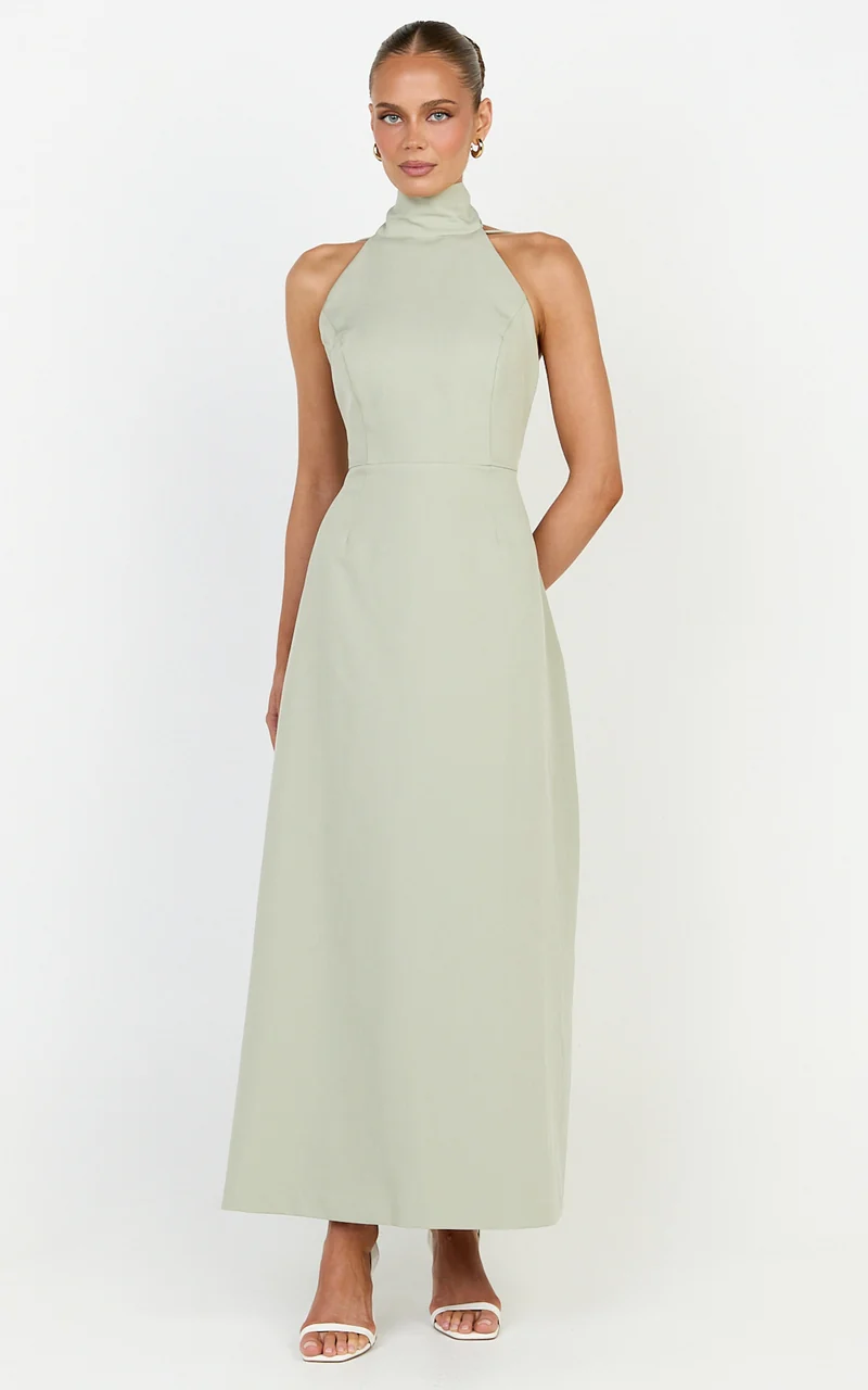 Renee Midi Dress - High Halter Sash Neck Tulip Skirt Dress in Sage