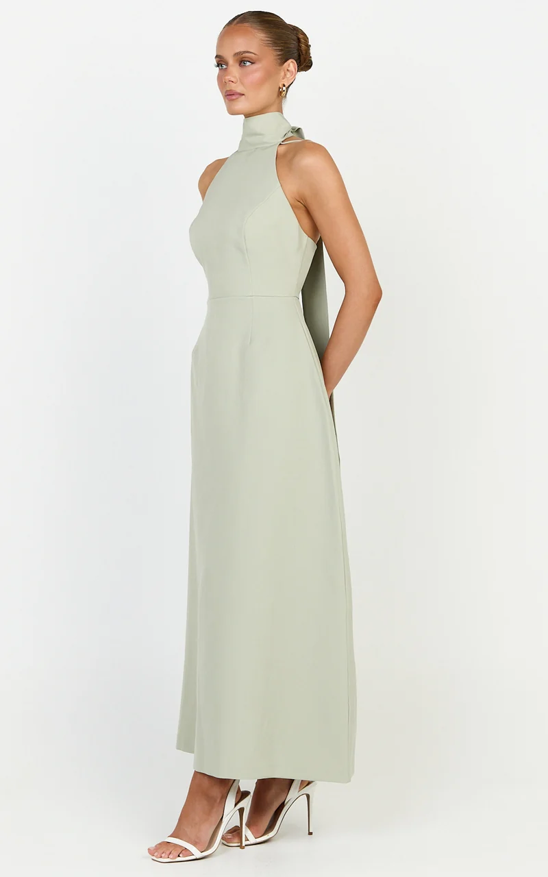 Renee Midi Dress - High Halter Sash Neck Tulip Skirt Dress in Sage