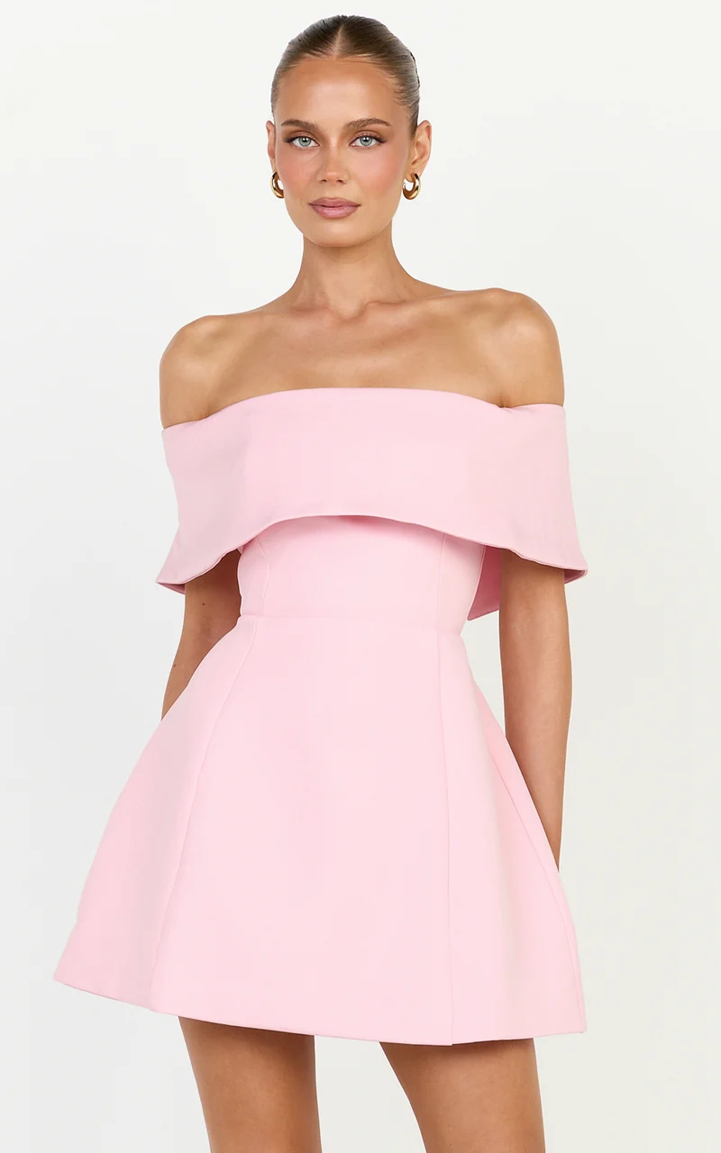 Aviana Mini Dress - Overlay Off Shoulder Tulip Skirt Dress in Pink