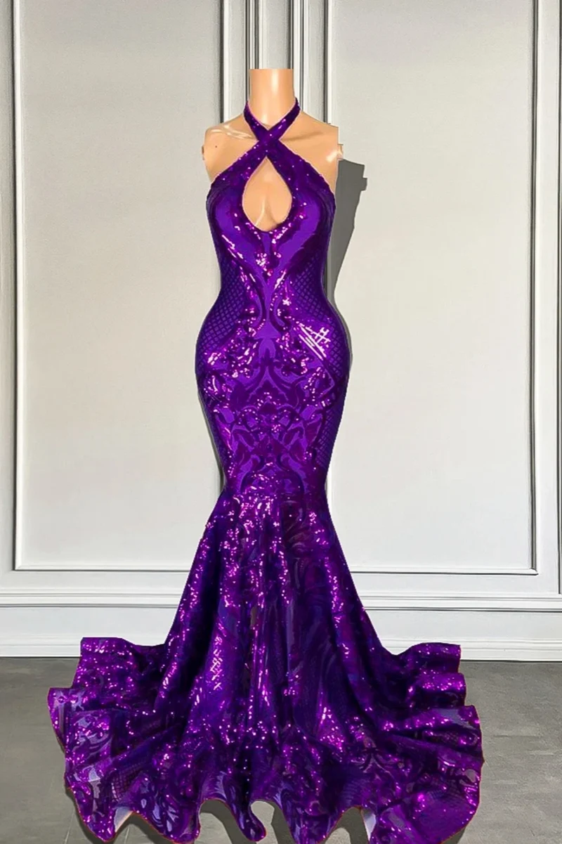 Robe de bal sirène scintillante à paillettes violettes et col licou : robe de soirée glamour longue au sol