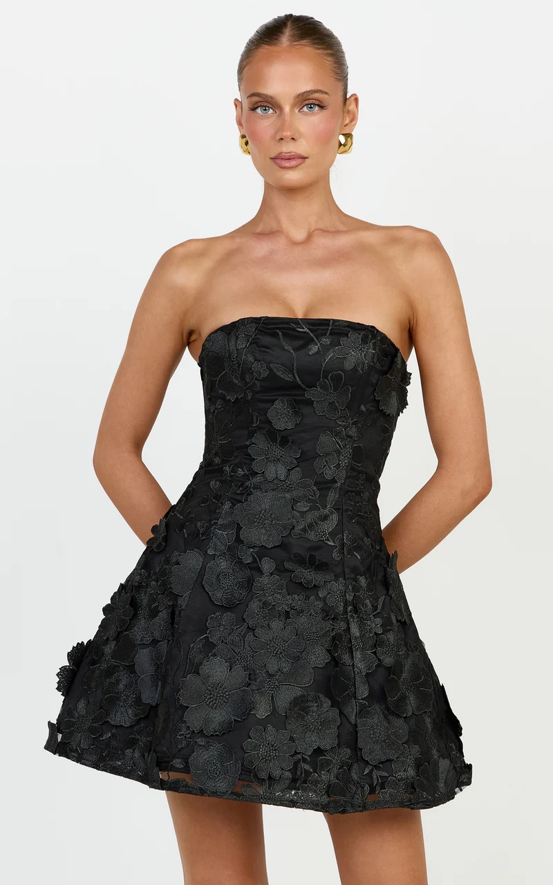 Cosima Mini Dress - Strapless 3D Floral Fit And Flare Dress in Black