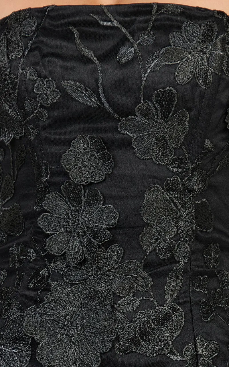 Cosima Mini Dress - Strapless 3D Floral Fit And Flare Dress in Black