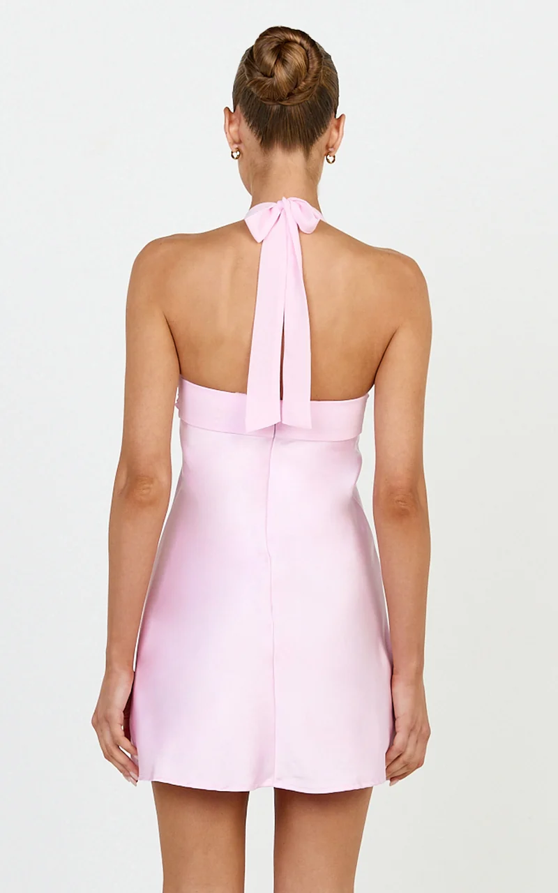Flynn Mini Dress - Satin Halter Sweetheart Neck Dress in Pink