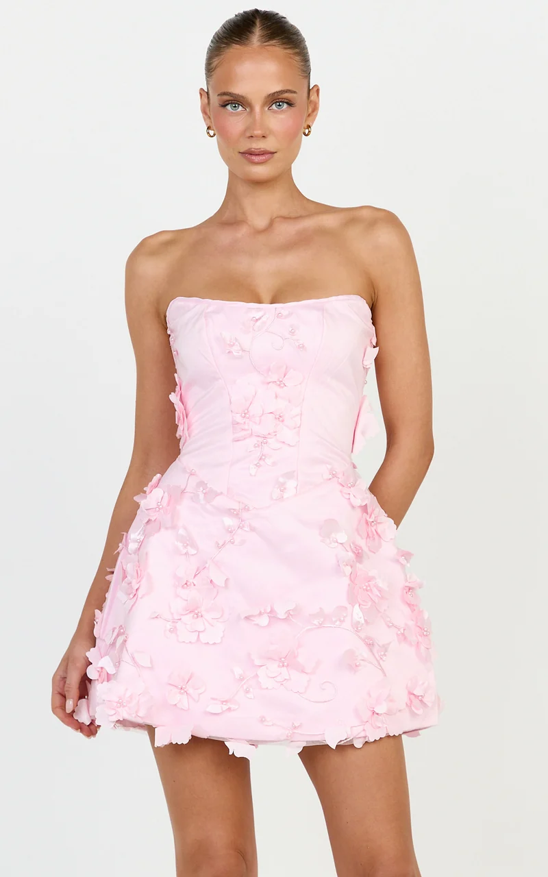 Delphine Mini Dress - Strapless Floral Embellished A Line Dress in Pink
