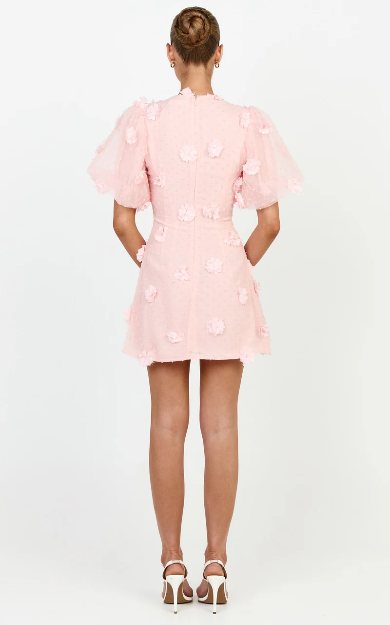 Azalea Mini Dress - Puff Sleeve 3D Floral A Line Dress in Pale Pink