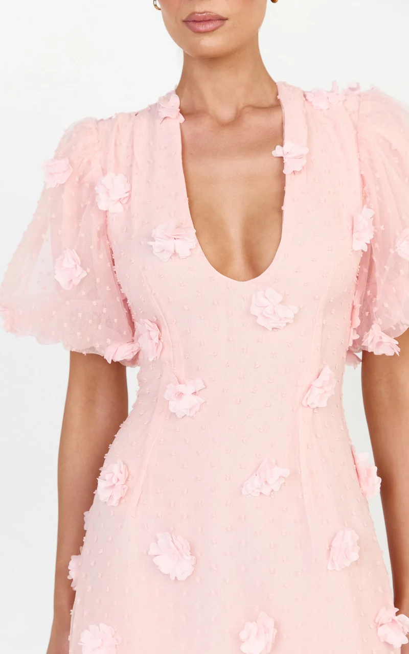 Azalea Mini Dress - Puff Sleeve 3D Floral A Line Dress in Pale Pink