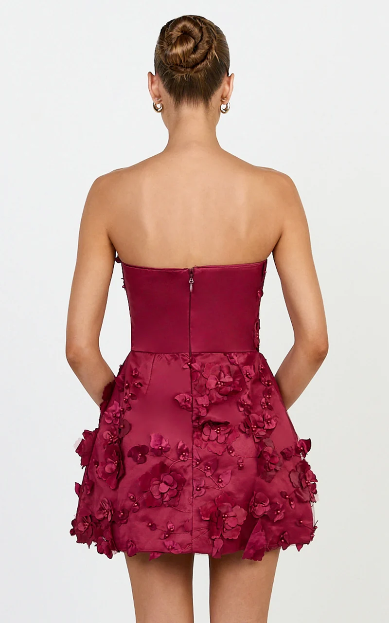 Delphine Mini Dress - Strapless Floral Embellished A Line Dress in Wine