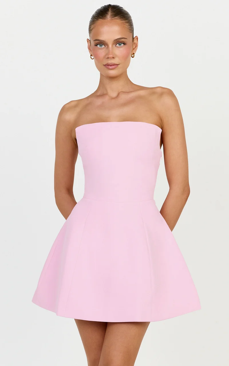 Dani Mini Dress - Strapless Square Neck Tulip Skirt Dress in Pink