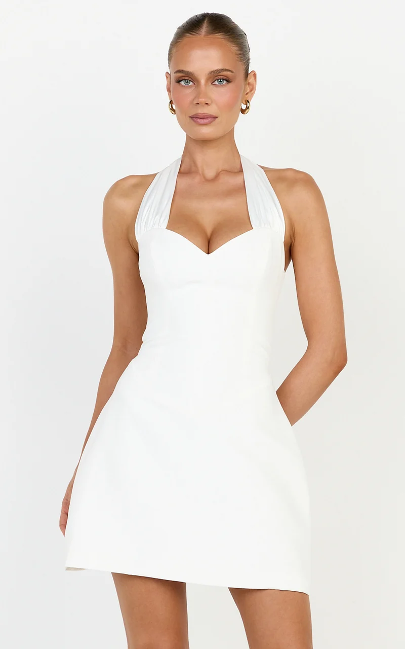 Rosabella Mini Dress - Halter Neck Dropped V Waist Tulip Skirt Dress in Ivory
