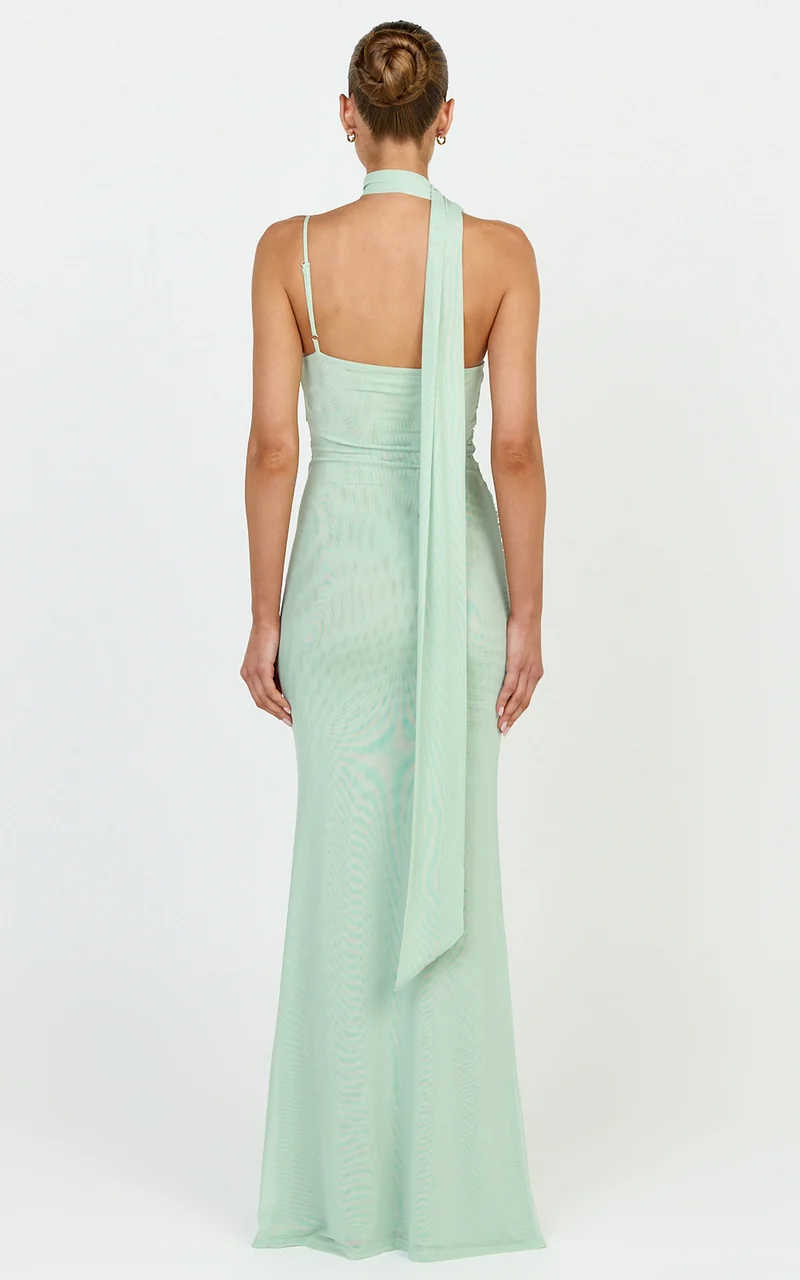 Larson Maxi Dress - Asymmetric Tie Neck Column Dress in Sage