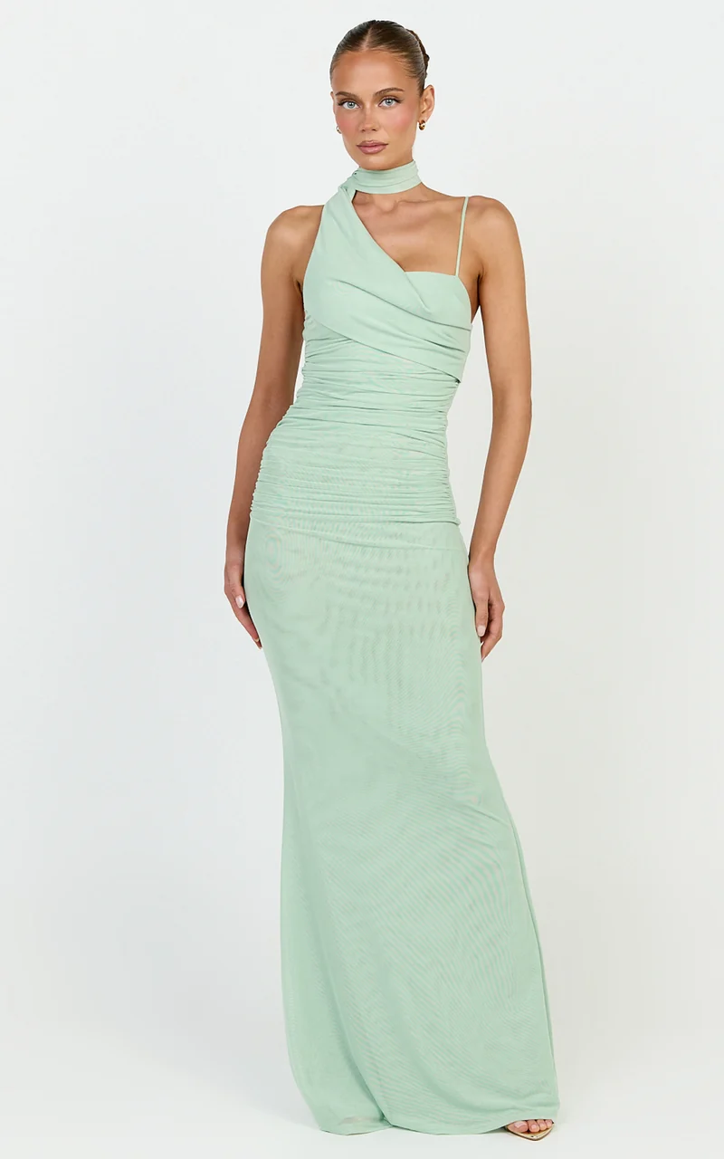 Larson Maxi Dress - Asymmetric Tie Neck Column Dress in Sage