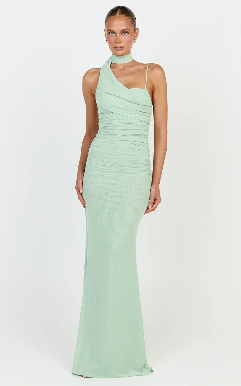 Larson Maxi Dress - Asymmetric Tie Neck Column Dress in Sage