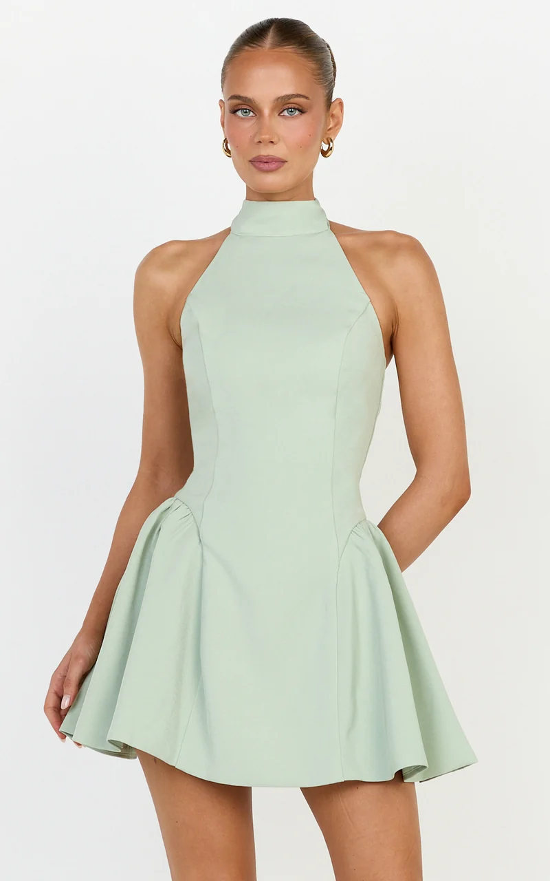 Violet Mini Dress - Halterneck A Line Dress in Sage