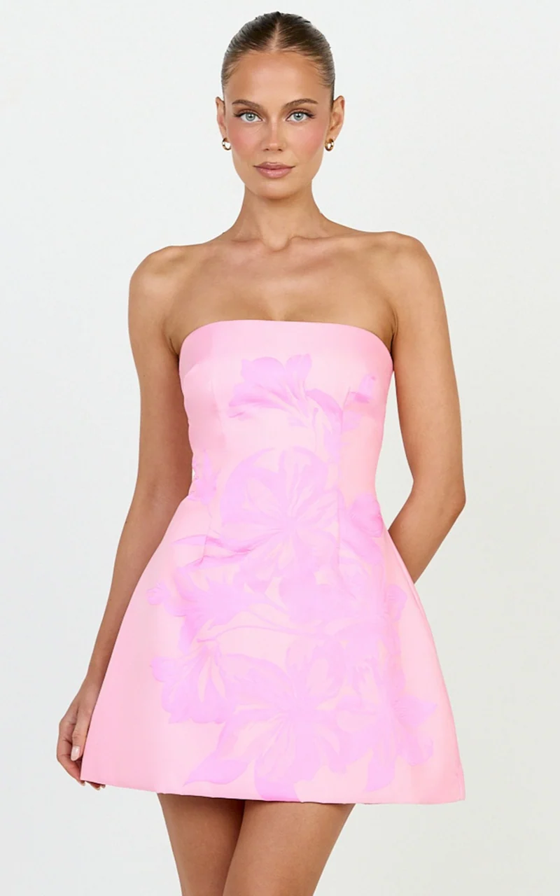 Emme Mini Dress - Strapless Jacquard Placement Floral A Line Dress in Pink