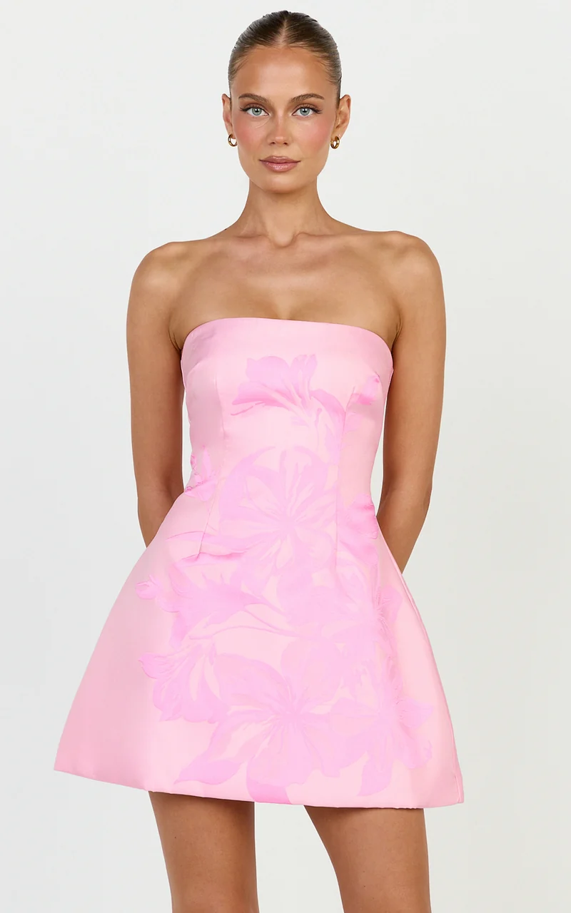Emme Mini Dress - Strapless Jacquard Placement Floral A Line Dress in Pink