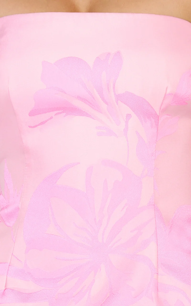 Emme Mini Dress - Strapless Jacquard Placement Floral A Line Dress in Pink