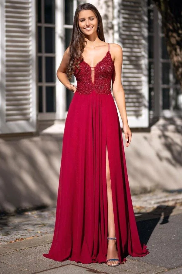 Robe de bal élégante à bretelles spaghetti et col en V avec fente et appliqués délicats