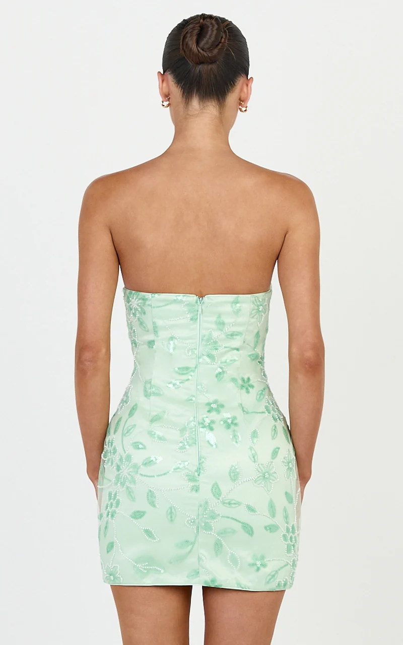 Electra Mini Dress - Strapless Bodycon Embellished Sequin Dress in Mint