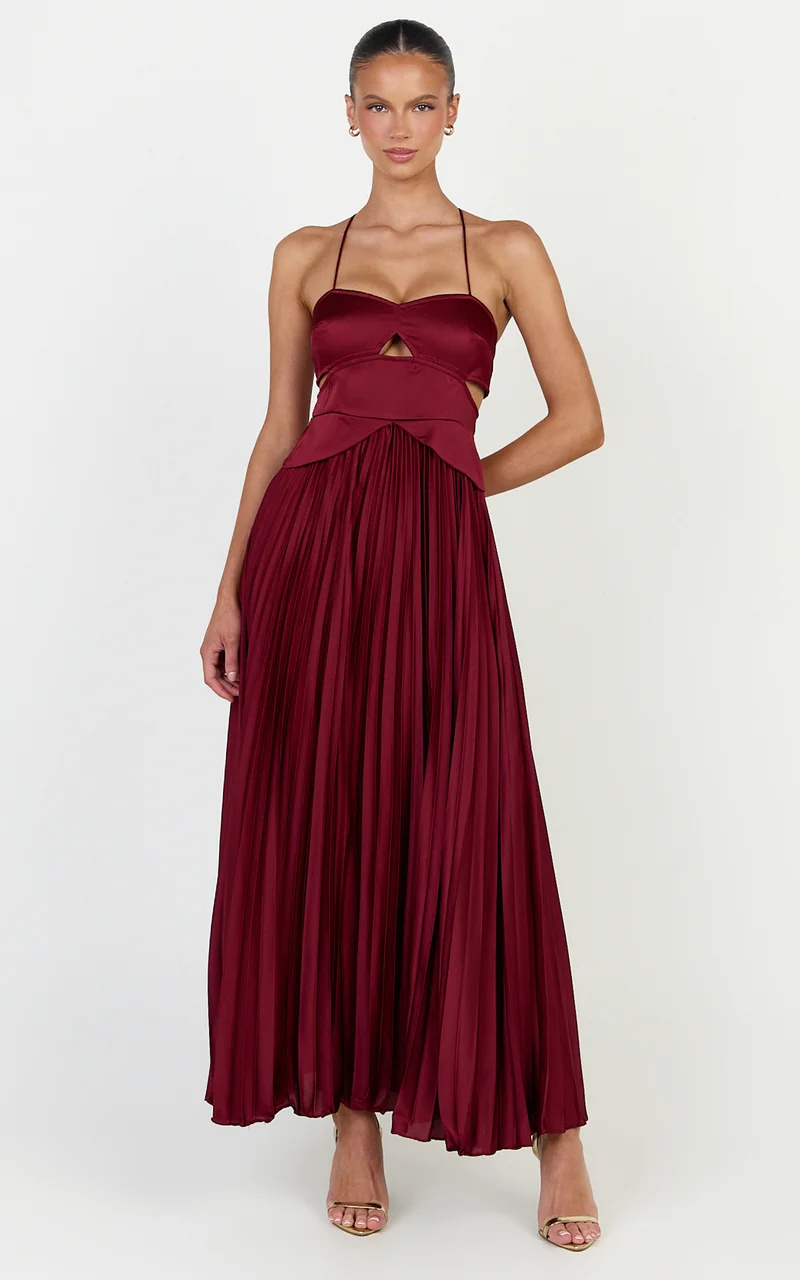 Shay Maxi Dress - Sweetheart Cut Out Pleated Dress in Wine