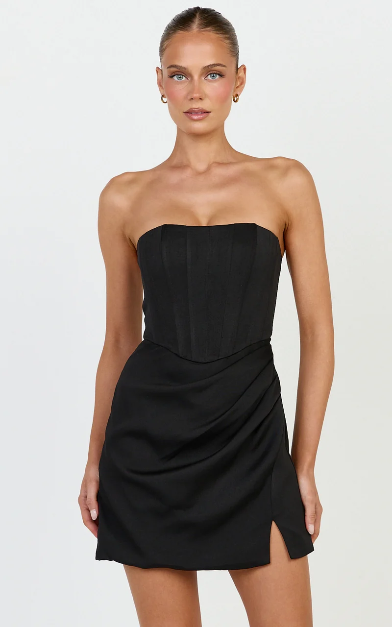 Avery Mini Dress - Strapless Corset Bodice Draped Dress in Black