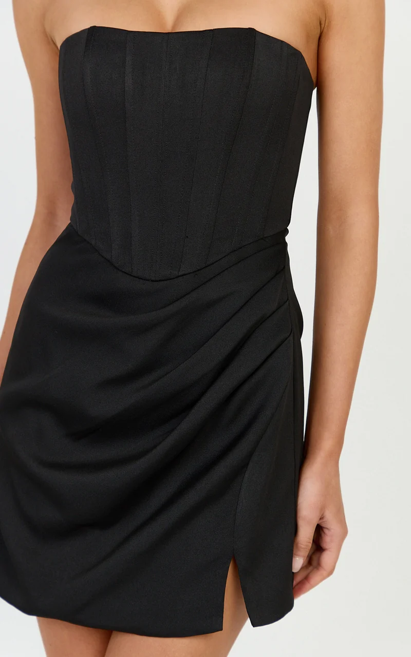 Avery Mini Dress - Strapless Corset Bodice Draped Dress in Black