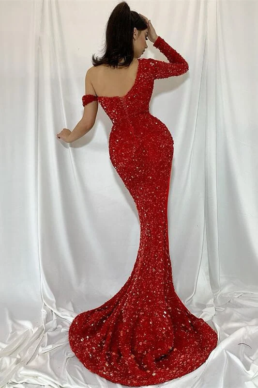 Superbe robe de bal sirène rouge à une épaule et sequins avec une élégante fente haute