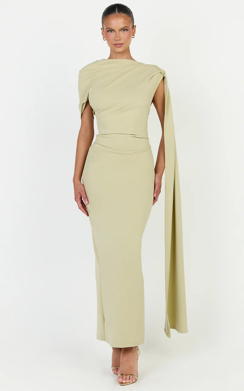 Visenta Midi Dress - Asymmetrical Sleeve Dress in Sage