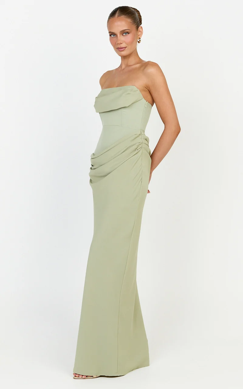 Phoebe Maxi Dress - Strapless Structured Bodice Drape Skirt Dress in Sage