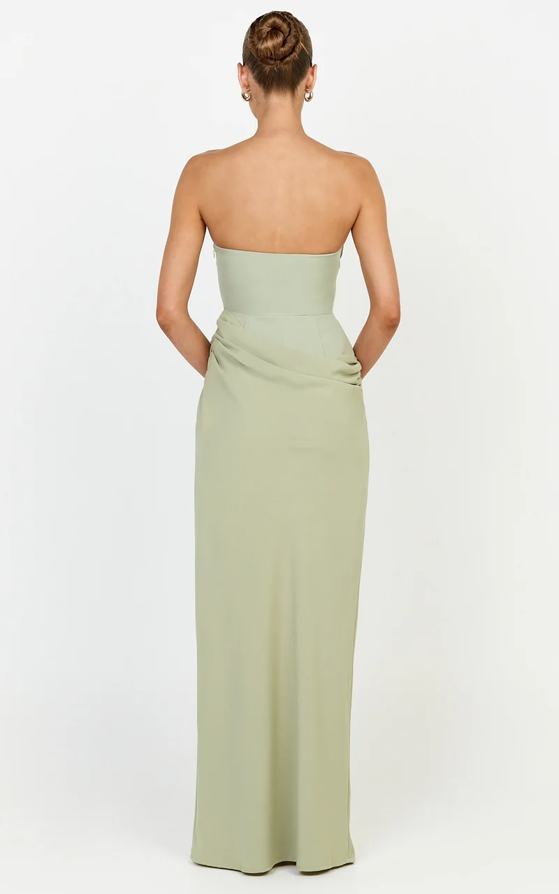 Phoebe Maxi Dress - Strapless Structured Bodice Drape Skirt Dress in Sage
