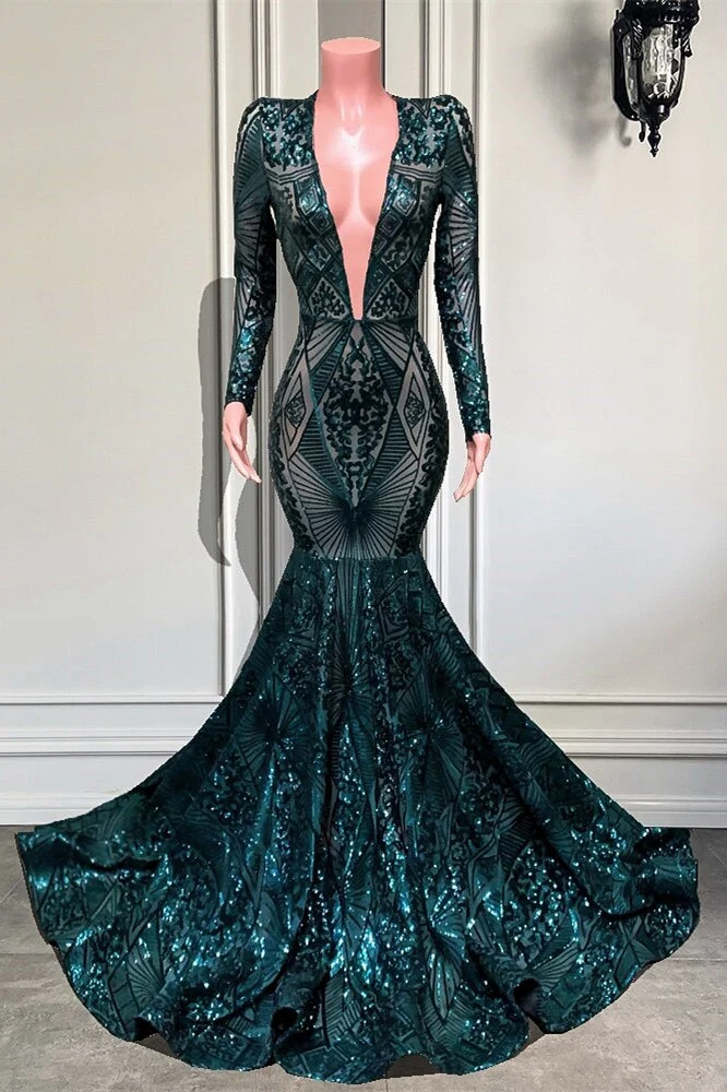 Robe de bal sirène émeraude à col en V et manches longues en dentelle à paillettes pour femme