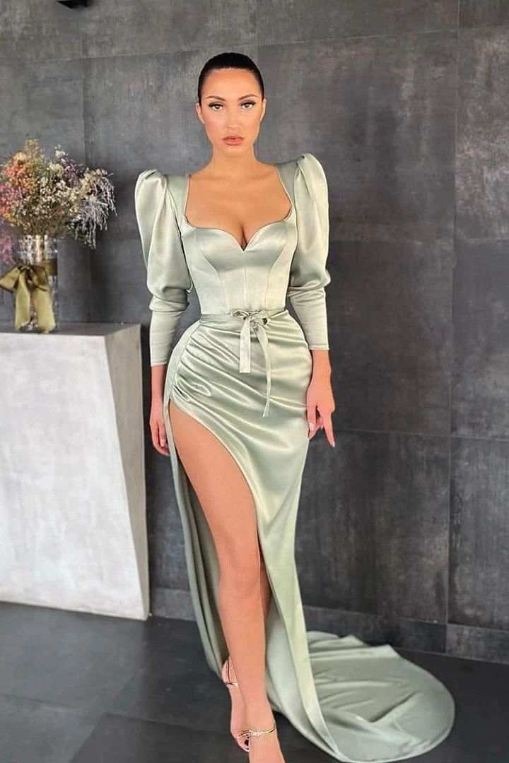 Robe de bal élégante à manches longues couleur sauge poussiéreuse avec fente et nœud papillon