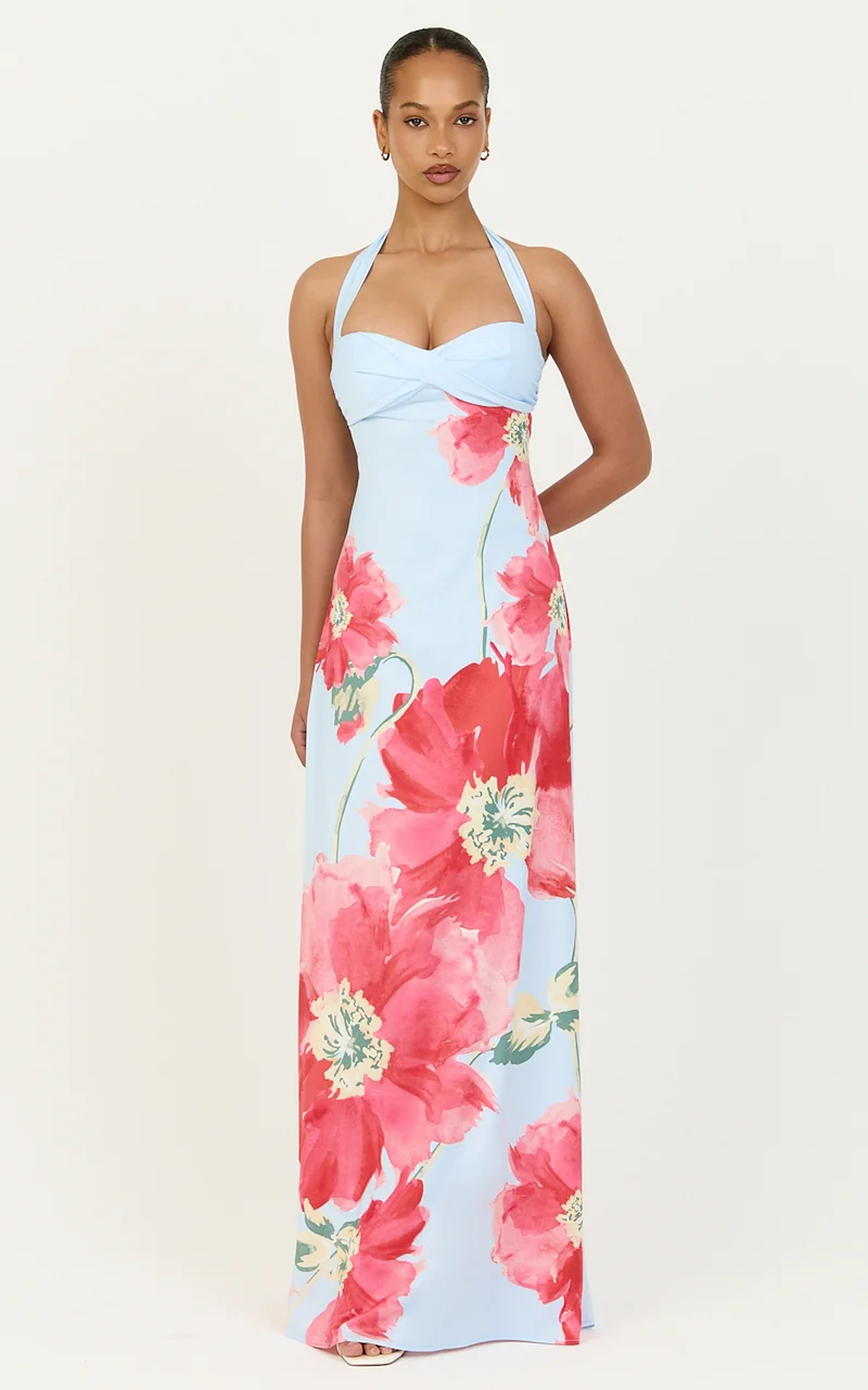 Luciana Maxi Dress - Halter Neck Twist Front Dress in Luciana Floral Print