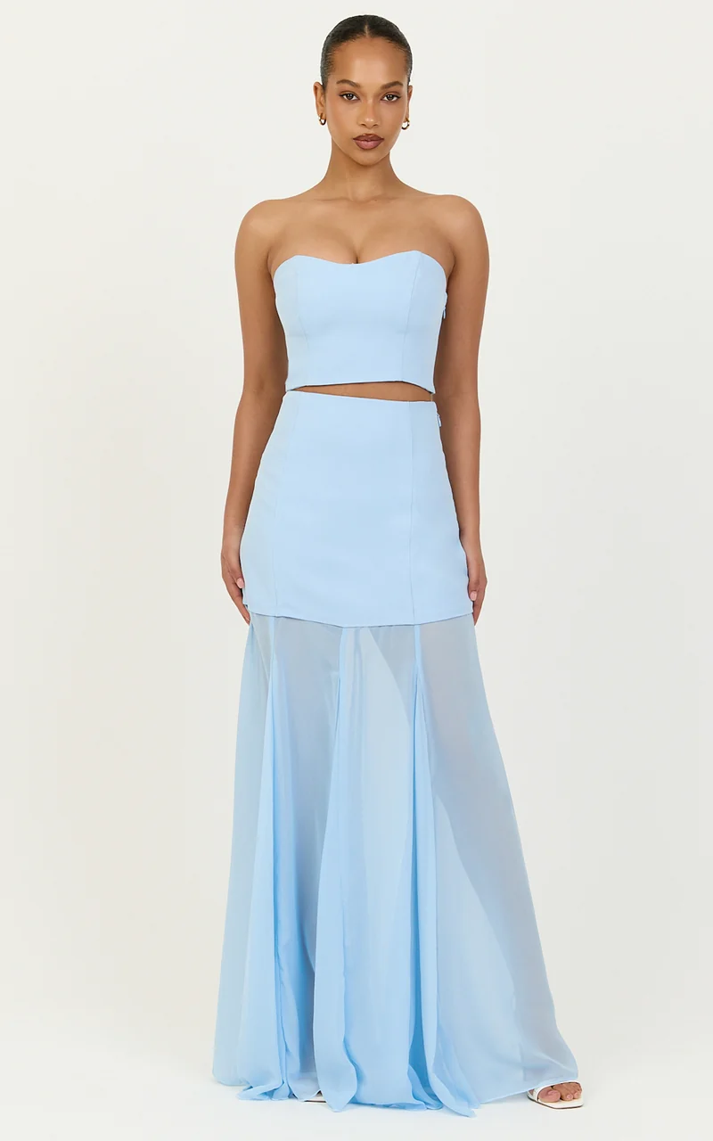 Elara Two Piece Top and Skirt Set - Strapless Shirred Back Top And Contrast Sheer Godet Skirt Set in Blue